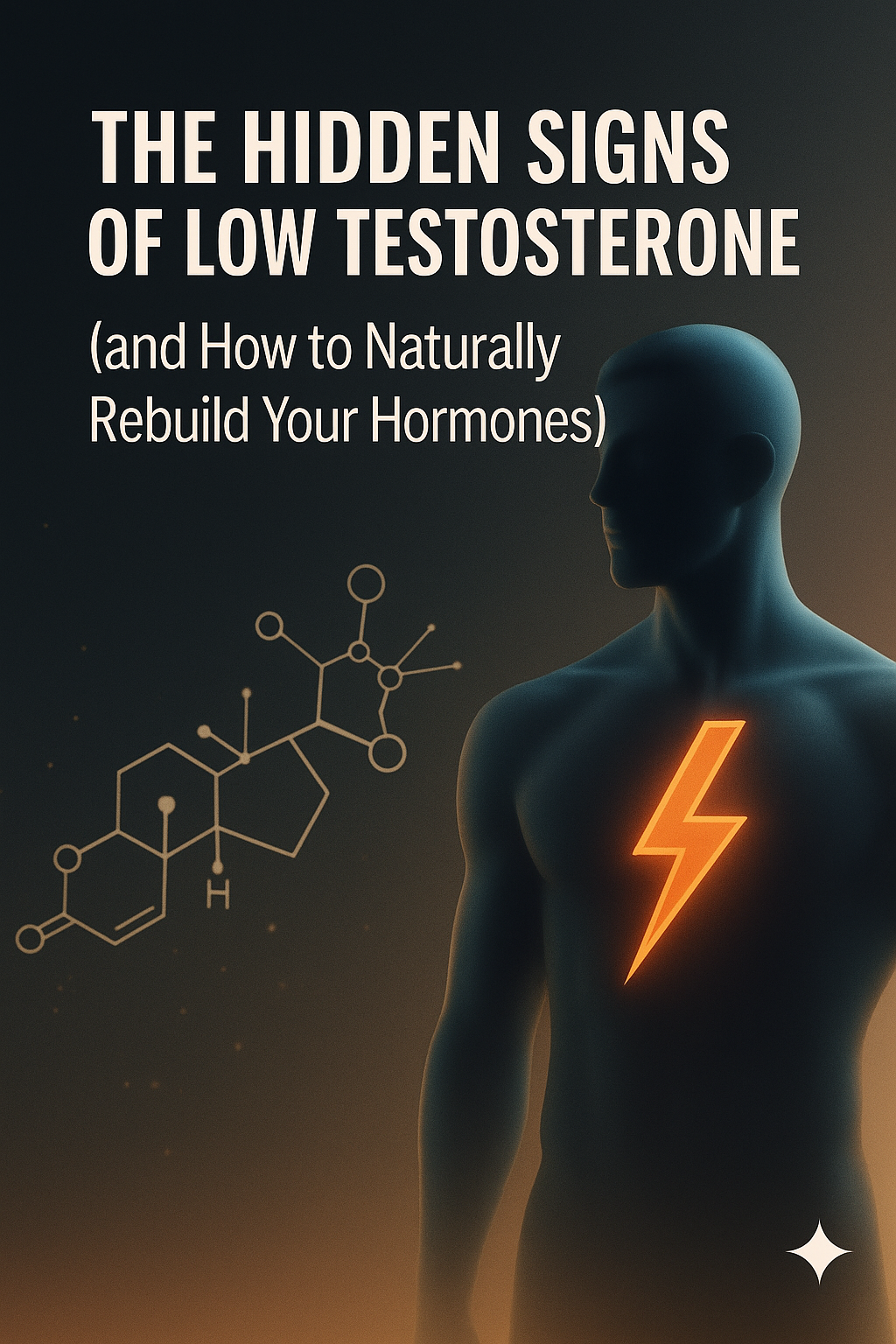 Illustrated male silhouette with a glowing energy symbol and hormone molecule beside the low testosterone article headline