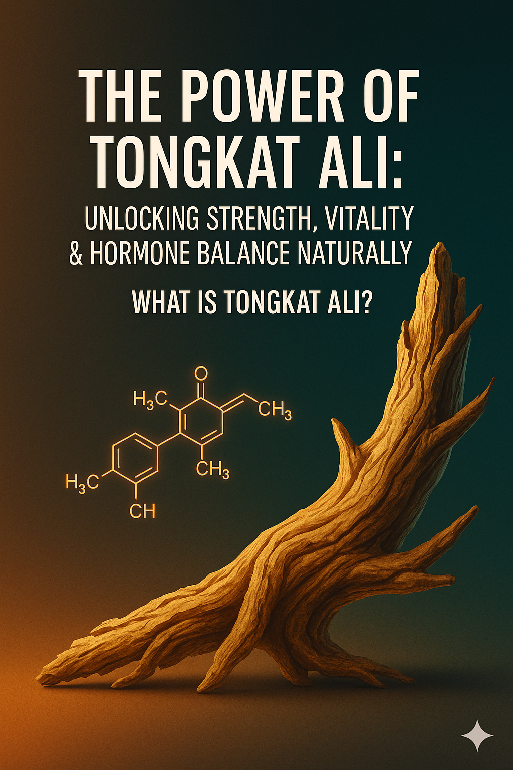 Illustrated Tongkat Ali root beside a botanical compound diagram