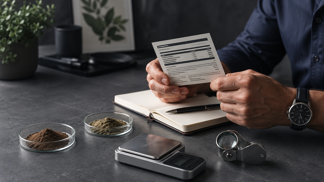 Man reviewing botanical extract label information with a notebook and precision tools