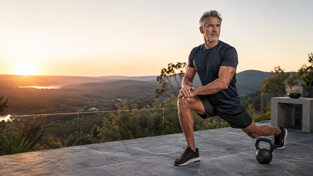 Strong man over 50 performing mobility work at sunrise for healthy ageing and vitality