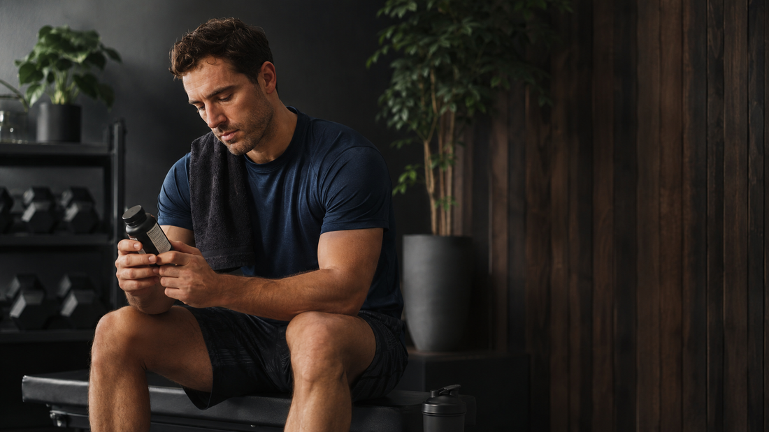 Athletic man in his thirties carefully reviewing a supplement label after training