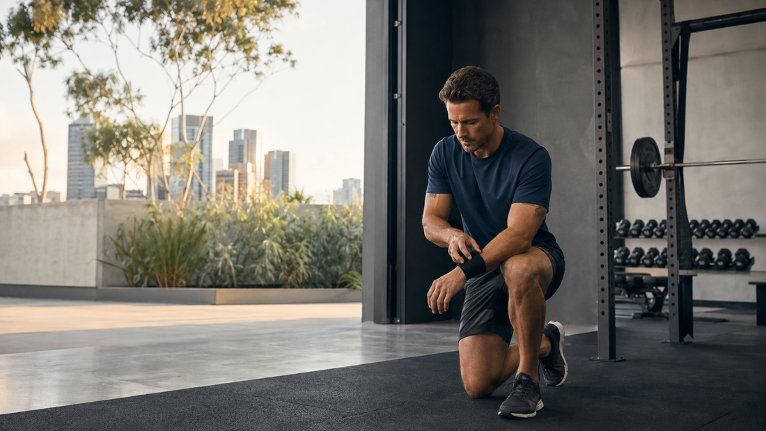 Athletic Australian man preparing for strength training in a premium modern gym
