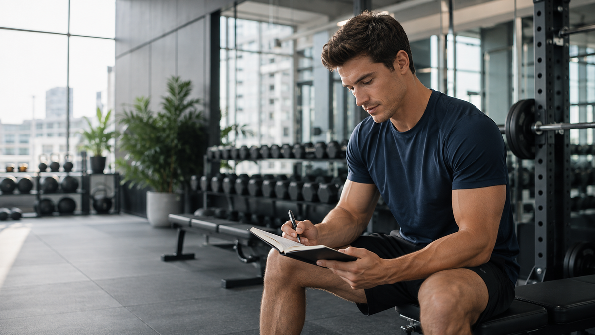Athletic man in his twenties reviewing his training routine in a modern gym