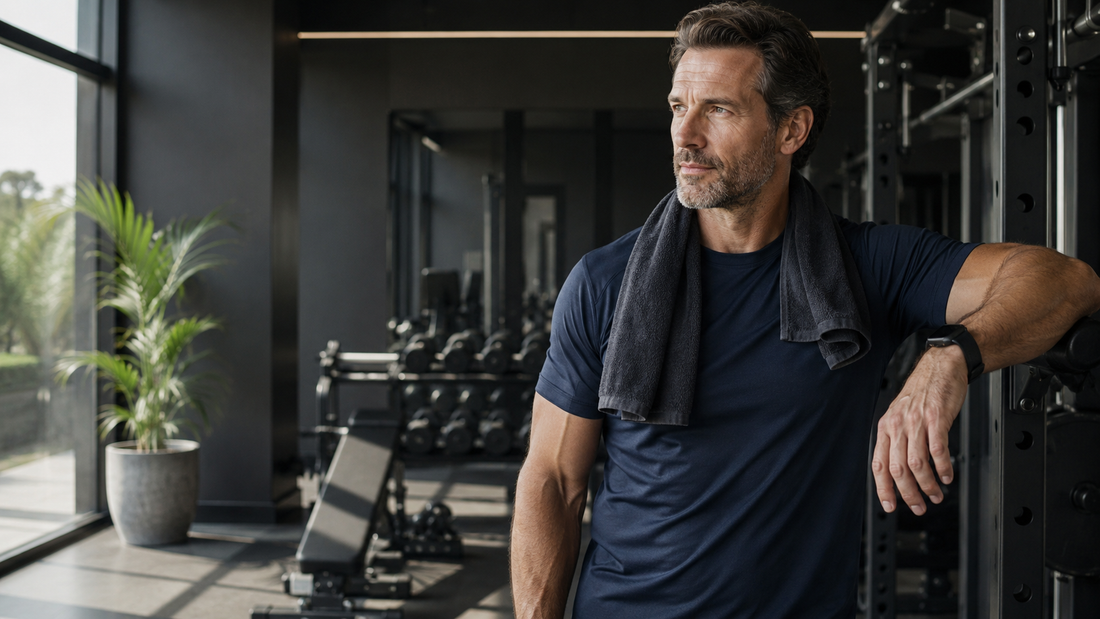 Fit man over 40 in a premium gym representing strength, energy and healthy ageing